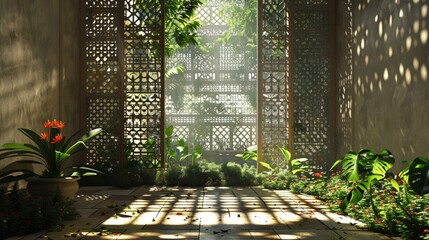 A secluded courtyard garden with Vector damask seamless patterns intricately woven into the lattice screens, creating dappled patterns of light and shadow.
