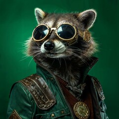 Photo of Realistic Raccoon Wearing Steampunk Costume. Abstract concept. A raccoon stand and posing like a human. Studio composition.