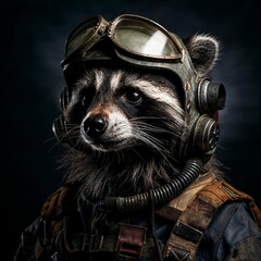 Photo of Realistic Raccoon Wearing Steampunk Costume. Abstract concept. A raccoon stand and posing like a human. Studio composition.