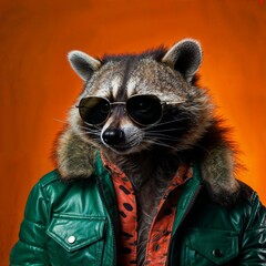Photo of Realistic Raccoon Wearing Green Leather Jacket and Orange Shirt. Abstract concept. A raccoon stand and posing like a human. Studio composition.