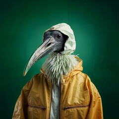 Photo of Realistic Ibis Wearing Yellow Rain Jacket. Abstract concept. A bird stand and posing like a human. Studio composition..