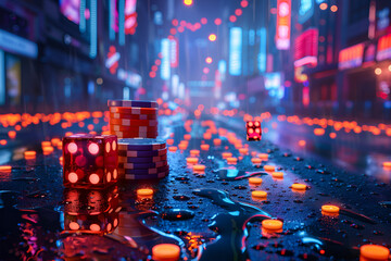 Illustration of modern casino gambling background,
Glittering city lights reflecting in the water