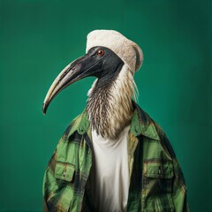 Photo of Realistic Ibis Wearing Green Shirt. Abstract concept. A bird stand and posing like a human. Studio composition..