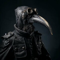 Photo of Realistic Ibis Wearing Black Leather Jacket. Abstract concept. A bird stand and posing like a human. Studio composition..