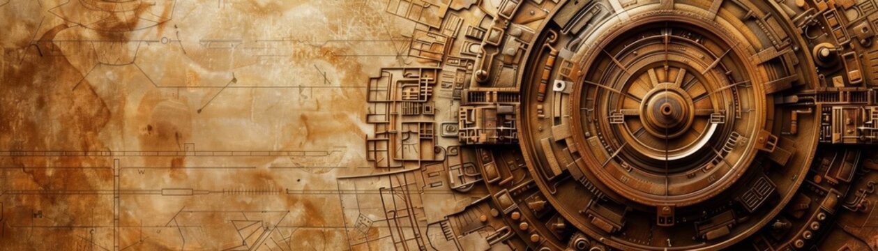 Ancient artifact with digital enhancements, steampunk, sepia, illustration, merging old and new technologies