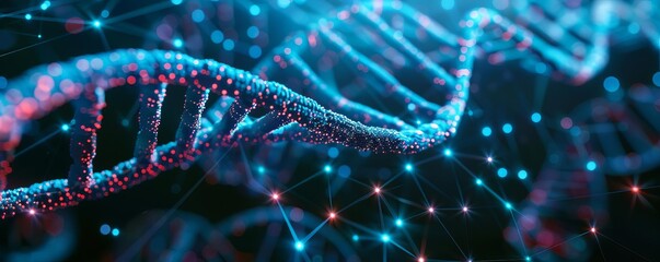 Fototapeta premium Blockchain nodes securing genetic research data, front view, depicting data privacy, digital tone, Tetradic color scheme