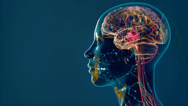 A human head with transparent skin showing the neural system inside