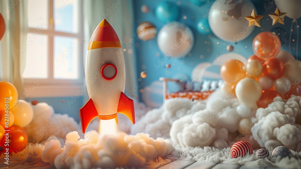 Poster a space exploration theme featuring a rocket ship cake placed on the dessert table, with a bunch of 