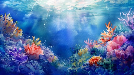 Fototapeta premium Colorful Corals Underwater Sunlight Summer Theme in Watercolor Background 