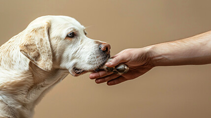 Dog giving paw to man on beige background closeup