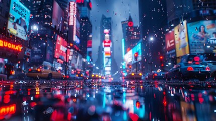 Fototapeta premium A stunning glass artwork portraying a bustling cityscape at night, with skyscrapers aglow in neon lights and reflections shimmering on the rain-soaked streets below.