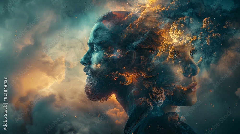 Poster a surreal portrait of a man and a woman, with dreamlike elements and unexpected twists, exploring th