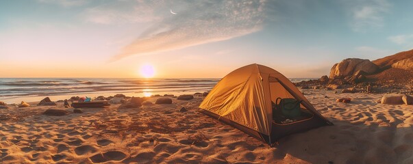 Camping at the beach with sunset background