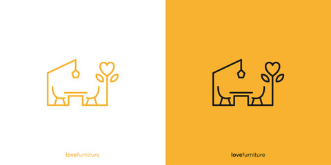 Simple Love Furniture Logo Design. Terrace or Home Park and Tree Leaf Love with Line Art, Outline Style Logo, Design, Vector Illustration.