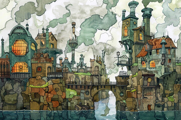 Steampunk Adventure, Steampunk adventure, brass & earth tones, cartoon drawing, water color style 