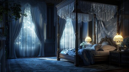 A tranquil bedroom oasis featuring Vector damask seamless patterns on the canopy of a four-poster bed, softly lit by the moonlight streaming through sheer curtains.