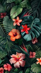A tropical seamless textile design featuring lush foliage and exotic flowers in a lush, vibrant color palette, bringing a touch of paradise to any interior or fashion ensemble.