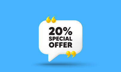 20 percent discount offer tag. Chat speech bubble 3d icon with quotation marks. Sale price promo sign. Special offer symbol. Discount chat message. Speech bubble banner. White text balloon. Vector