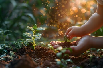 Fototapeta premium Nurturing a Seedling in the Garden at Sunrise - Concept of Growth and Nature