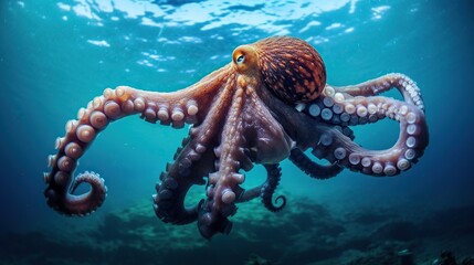 Giant octopus swimming in the clear ocean water