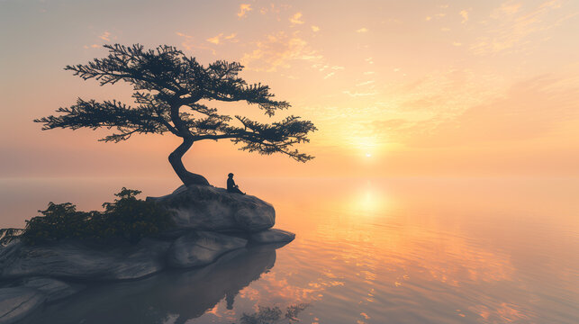 A young woman disconnects from technology, finding peace and tranquility in nature. The warm, incandescent light bathes her in a serene glow as she embraces the present moment.