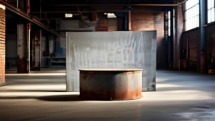 Pedestal for showcasing products in industrial place cool looking exterior with professional atmosphere industry machinery great for dropshipping and sales of any kind with precise lighting