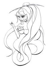 Mermaid with a lush hairstyle in Japanese style with flowing curls. A tropical flower on her chest. Black and white illustration for coloring. Isolated cartoon image of a sea witch for a mystical vibe