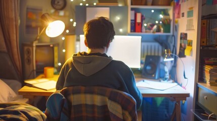 "A high school student sitting at a desk in their bedroom