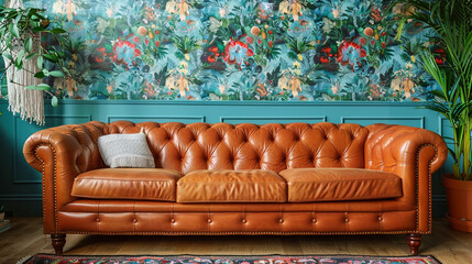 Boho chic vintage leather sofa against a vibrant wallpapered accent wall with eclectic artwork and hanging macram?(C) planters.