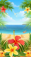 Obraz premium Tropical beach paradise with vibrant flowers and palm leaves