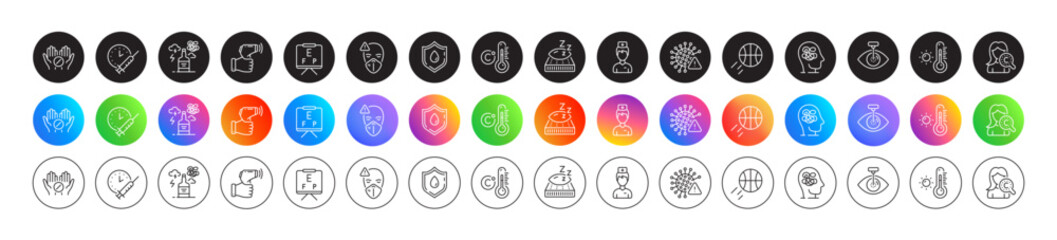 Fototapeta premium Medical tablet, Electronic thermometer and Celsius thermometer line icons. Round icon gradient buttons. Pack of Medical mask, Blood donation, Covid virus icon. Vector