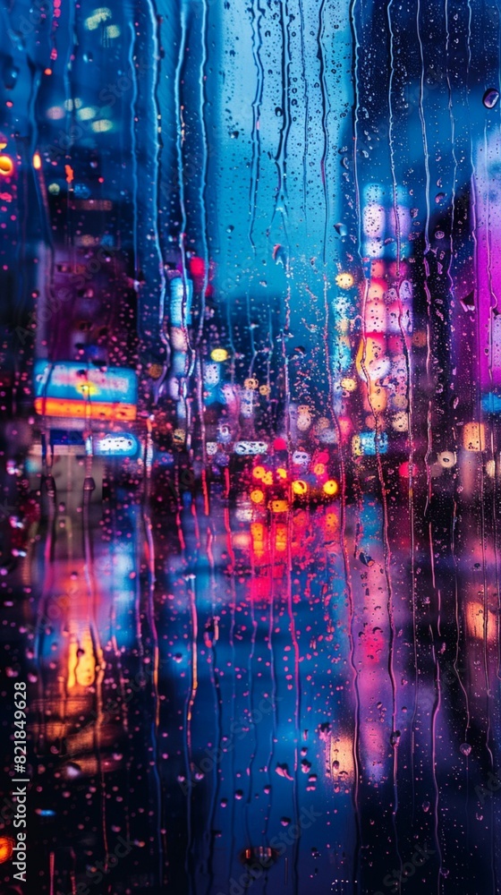 Poster digital raindrops cascading down a virtual window, distorting the world into a pixelated dreamscape.