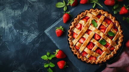 The concept of national strawberry rhubarb pie day, copy space