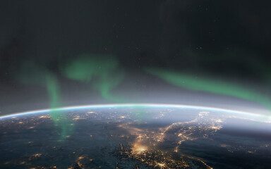 3D illustration of solar geomagnetic storm and northern lights. Aurora borealis art in 5K - realistic visualization © Vadimsadovski