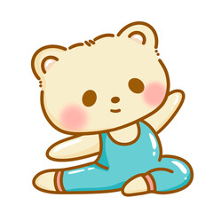 Hand drawn illustration Kawaii Yellow Bear doing Yoga stretching pose meditation cute cheerful character poster clipart print isolated on white.