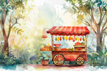 Obraz premium Street Food Cart Local cuisine and cultural experiences, handdrawn illustration, dreamy background 