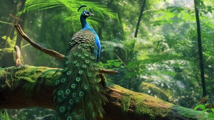 Peacock in natural habitat perched on tree