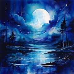 watercolor background depicting a magical fairy glen under the blue  moonlight. Magic forest in the dark night, with glowing plants and starry blue sky with full moon day. full moon in the night sky