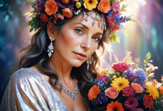 Fototapeta Hippie tęczowa i wielobrawna starsza piękna kobieta cała we kwiatach ubrana w elegancką kolorową biżuterię z kamieni naturalnych i koralików