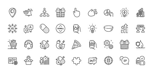 Management, Hand click and Waterproof line icons pack. AI, Question and Answer, Map pin icons. Vitamin n, Pizza, Text message web icon. Like app, Puzzle, Cholecalciferol pictogram. Vector