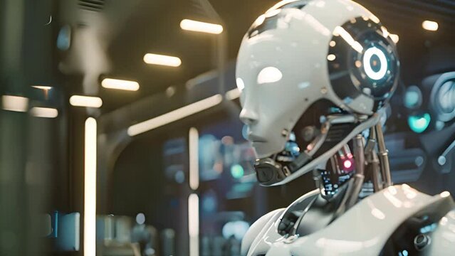 Close-up 3D rendering of droid AI research and cyborg development to design people's future digital data mining