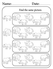 Rhino Puzzle. Printable Activity Page for Kids. Educational Resources for School for Kids. Kids Activity Worksheet. Find Similar Shape