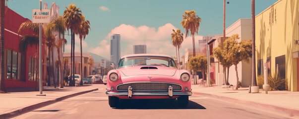 Vintage pink car on the streets in summer, generated ai