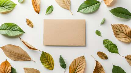 Flat lay composition with autumn leaves and blank card