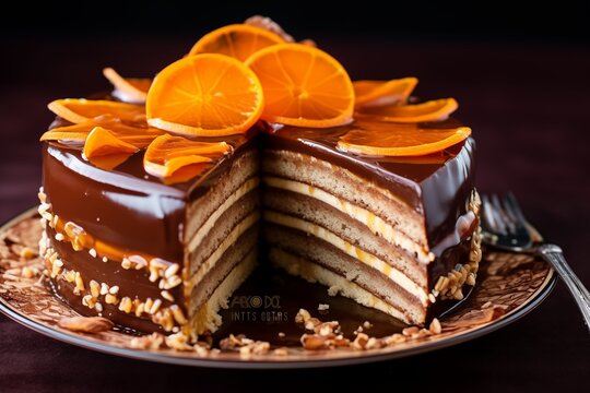 The Hungarian dessert Dobosh. Orange cake. AI generated