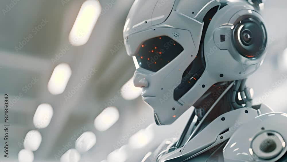 Poster close-up 3d rendering of droid ai research and cyborg development to design people's future digital 