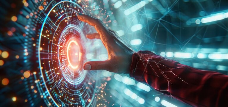 A human hand with a digital wireframe reaching out to a dynamic, glowing holographic interface in a high-tech environment.