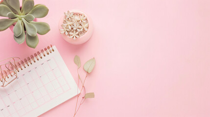 Flat lay composition with calendar on pink background