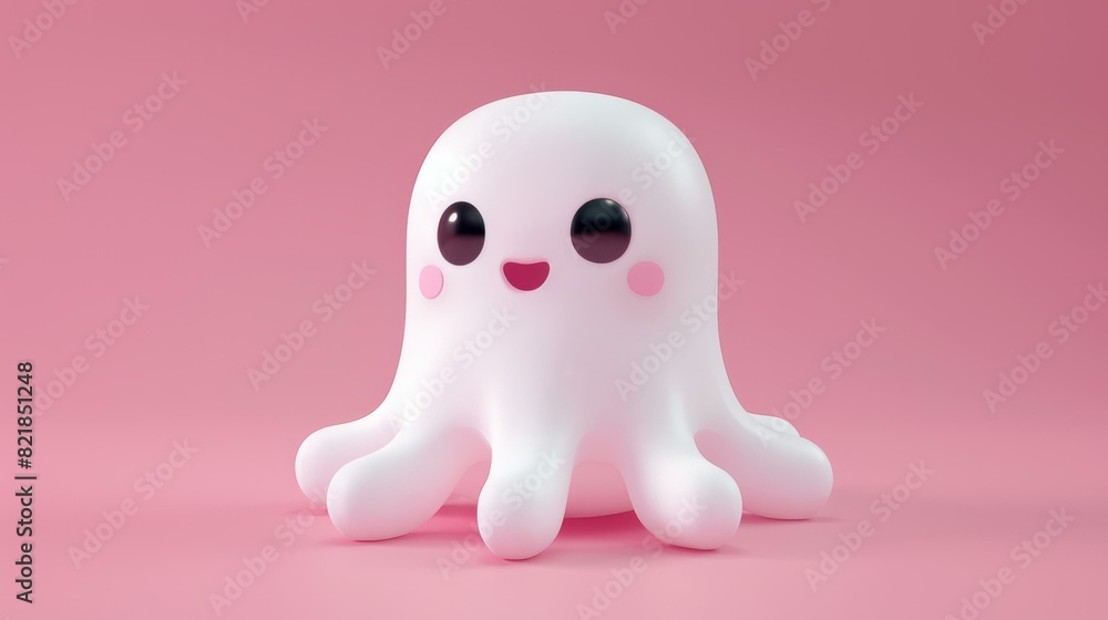 Poster a cute 3d rendering of an octopus, with its eight tentacles curled up around it, and a happy express