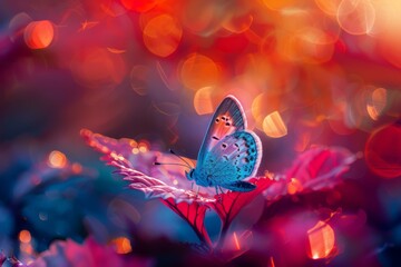 A beautiful butterfly perched on a leaf, with a blurry background of red and orange lights. AI.
